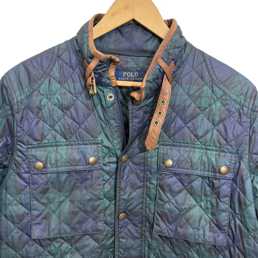 Polo Ralph Lauren Quilted‎ Jacket Womens L Navy Green Plaid Leather Trim - Picture 5 of 11